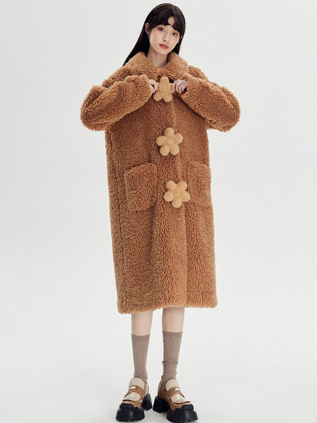 DIDDI MODA Cream 3d Floral Fuzzy Loose Pocket Women&