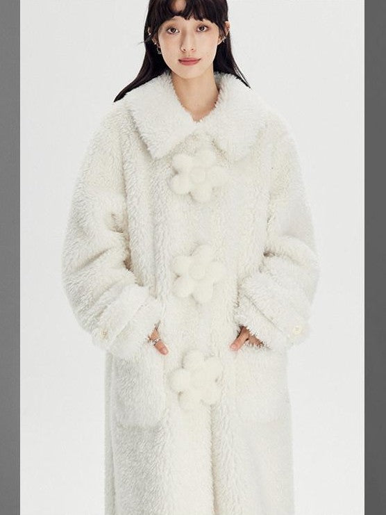 DIDDI MODA Cream 3d Floral Fuzzy Loose Pocket Women&