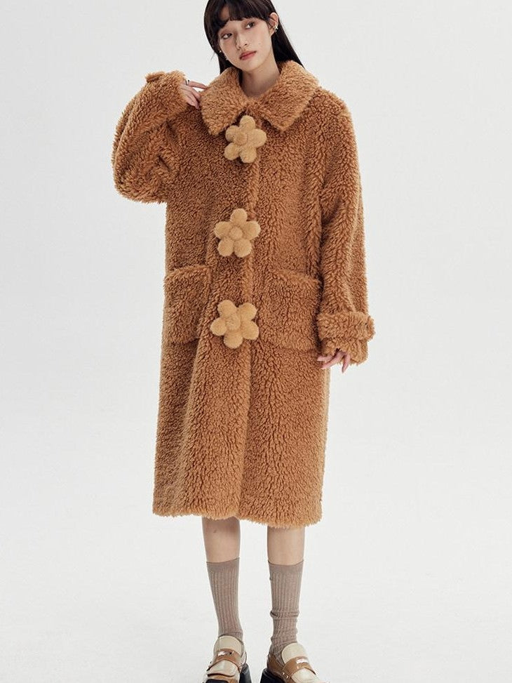 DIDDI MODA Cream 3d Floral Fuzzy Loose Pocket Women&