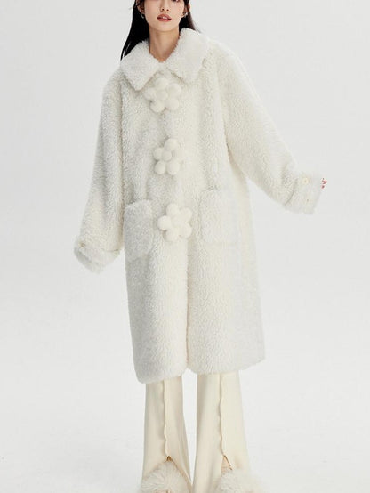 DIDDI MODA Cream 3d Floral Fuzzy Loose Pocket Women&