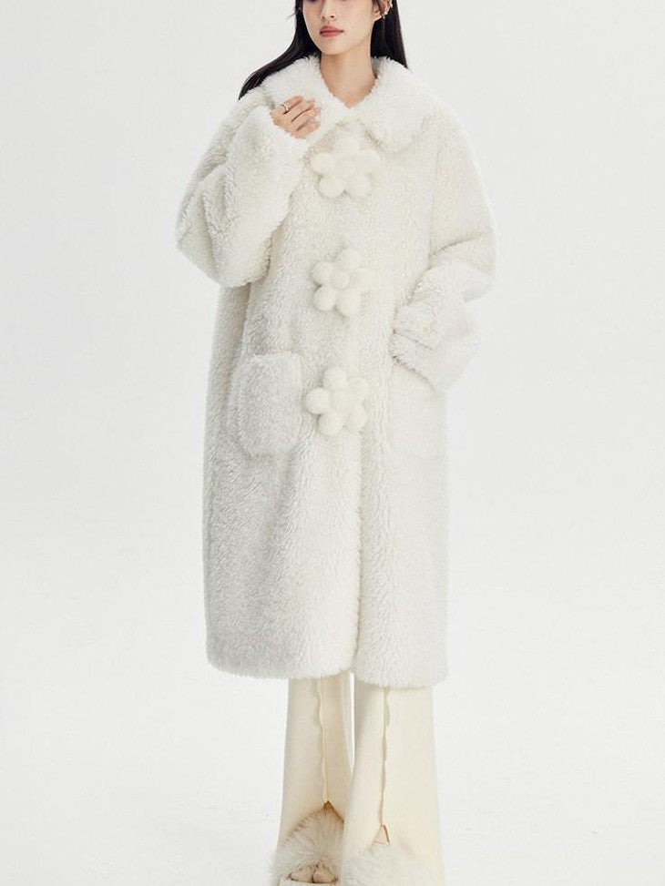 DIDDI MODA Cream 3d Floral Fuzzy Loose Pocket Women&