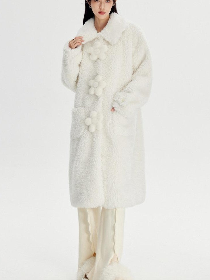 DIDDI MODA Cream 3d Floral Fuzzy Loose Pocket Women&
