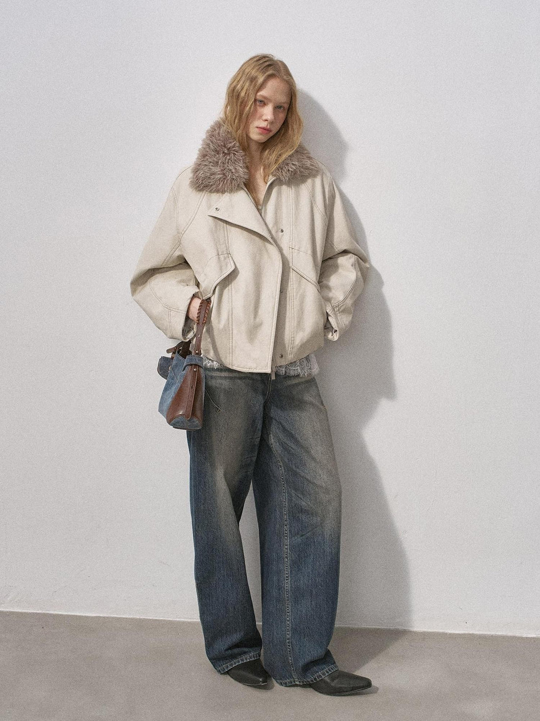 DIDDI MODA Cropped Arc Sleeve Washed Fur Collar Women&