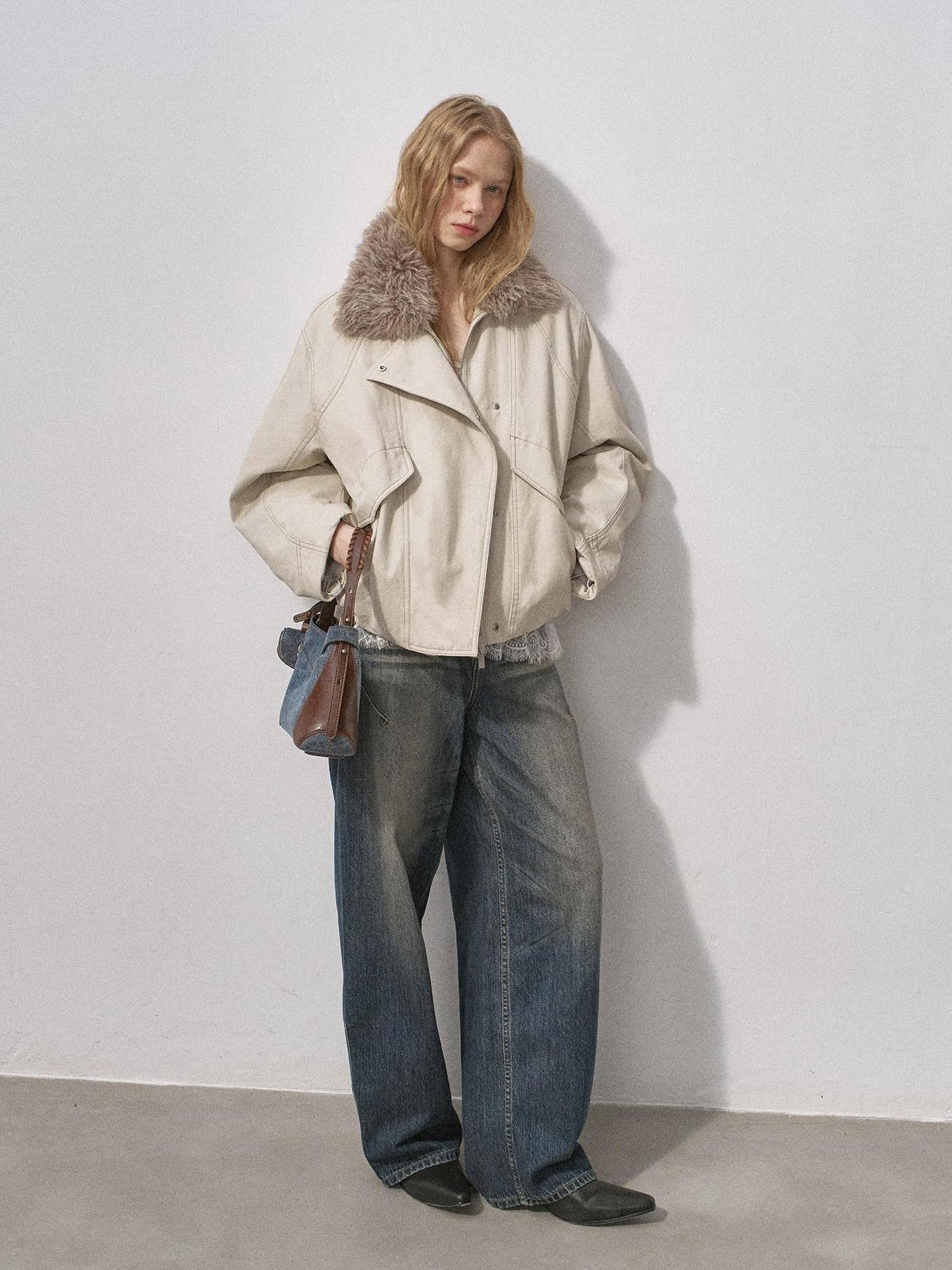 DIDDI MODA Cropped Arc Sleeve Washed Fur Collar Women&
