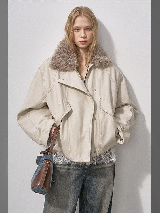 DIDDI MODA Cropped Arc Sleeve Washed Fur Collar Women&