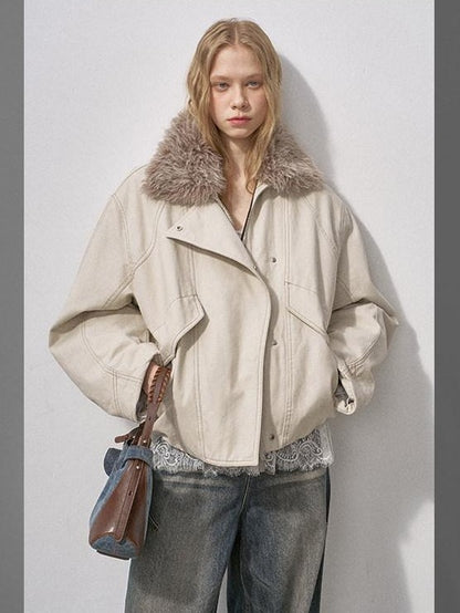 DIDDI MODA Cropped Arc Sleeve Washed Fur Collar Women&