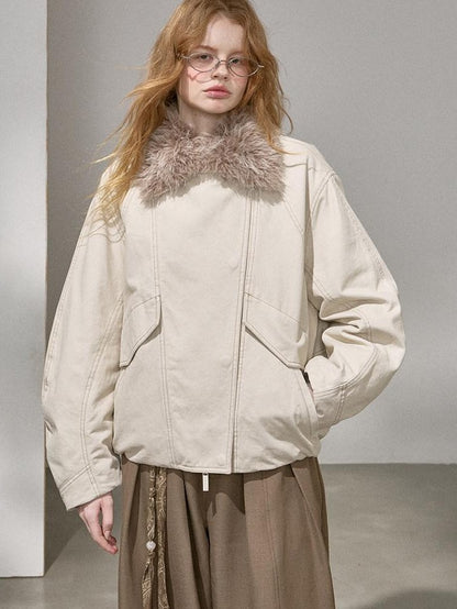 DIDDI MODA Cropped Arc Sleeve Washed Fur Collar Women&
