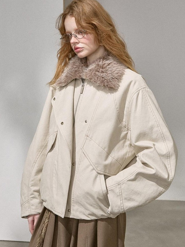 DIDDI MODA Cropped Arc Sleeve Washed Fur Collar Women&