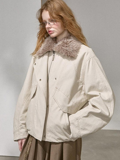 DIDDI MODA Cropped Arc Sleeve Washed Fur Collar Women&