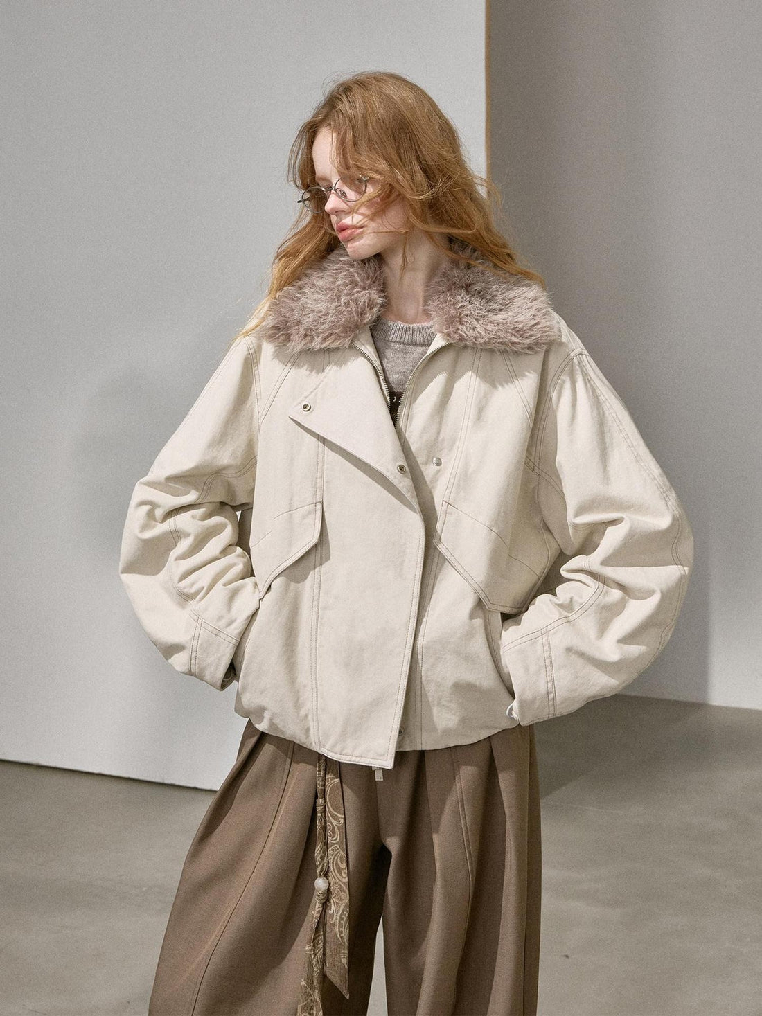 DIDDI MODA Cropped Arc Sleeve Washed Fur Collar Women&