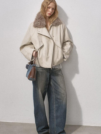 DIDDI MODA Cropped Arc Sleeve Washed Fur Collar Women&