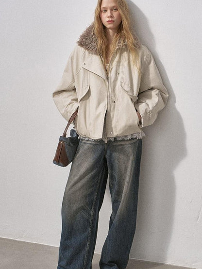 DIDDI MODA Cropped Arc Sleeve Washed Fur Collar Women&