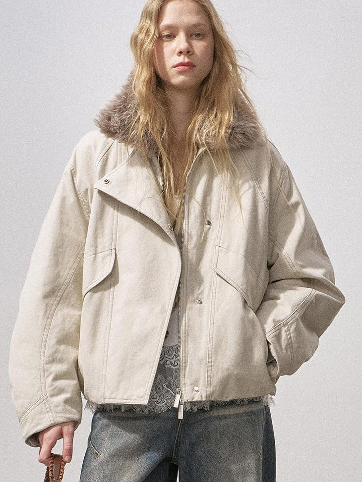 DIDDI MODA Cropped Arc Sleeve Washed Fur Collar Women&