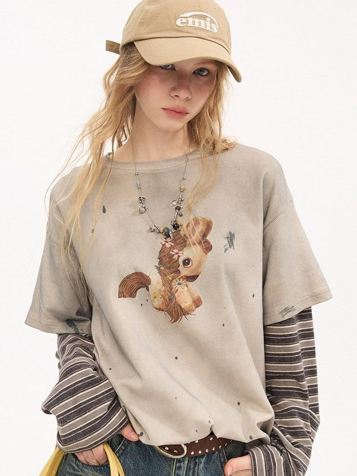 DIDDI MODA Cropped Faux Layered Camisole Pony Print Slim Women&