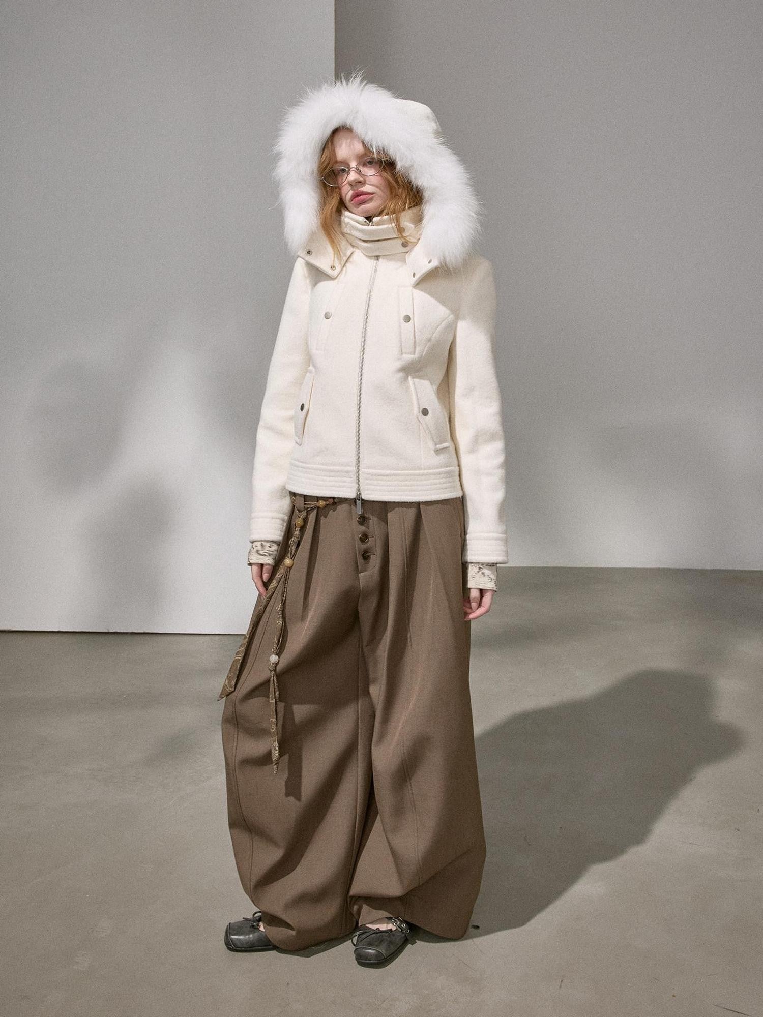 DIDDI MODA Cropped Fur Collar Hooded Slim Fit Women&