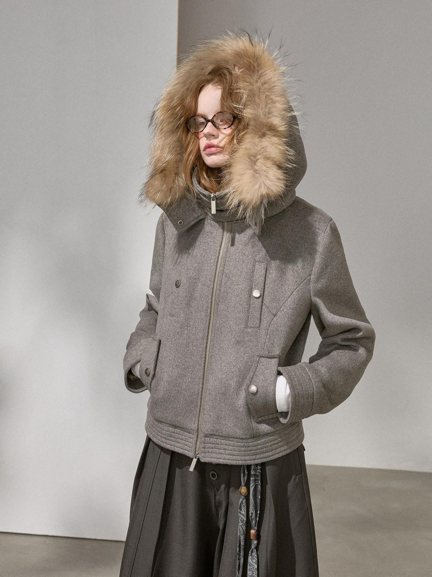 DIDDI MODA Cropped Fur Collar Hooded Slim Fit Women&