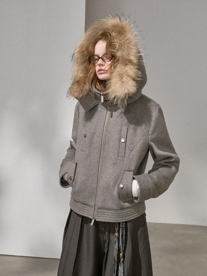 DIDDI MODA Cropped Fur Collar Hooded Slim Fit Women&