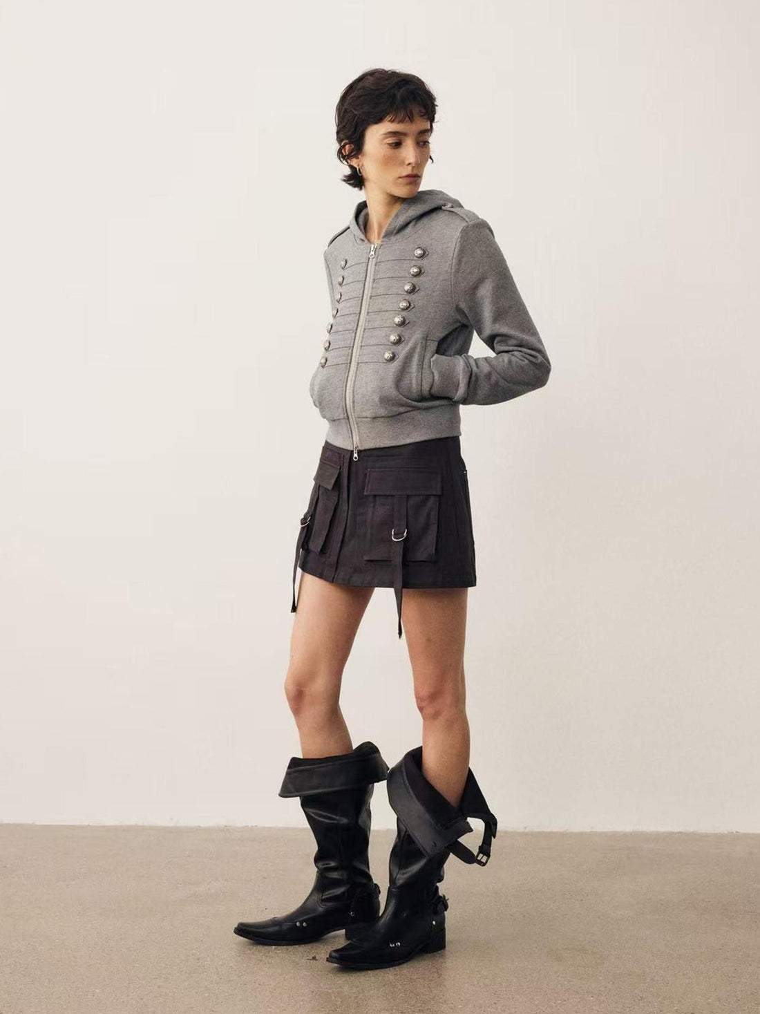DIDDI MODA Cropped Napoleon Double Row Metal Buttons Two Way Zipper Women&