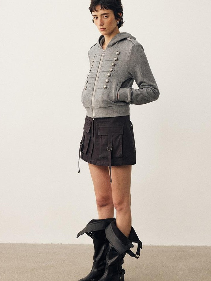 DIDDI MODA Cropped Napoleon Double Row Metal Buttons Two Way Zipper Women&