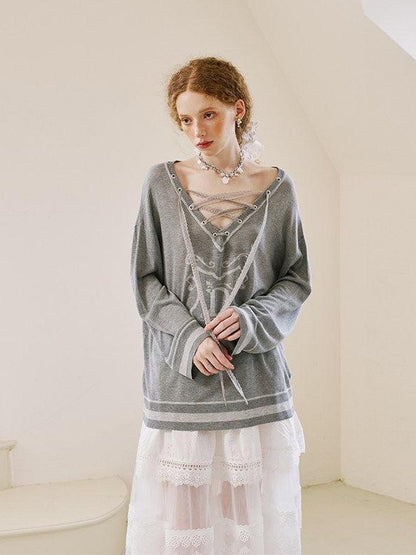 DIDDI MODA Cute Distressed Colorblock V-neck Women&