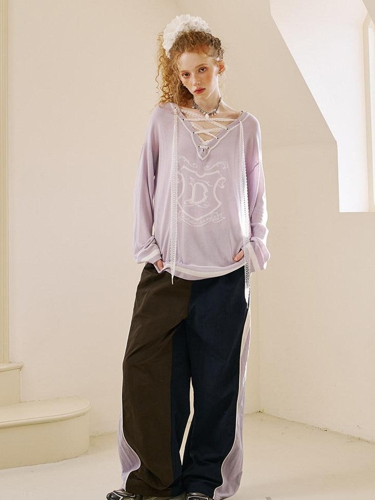 DIDDI MODA Cute Distressed Colorblock V-neck Women&