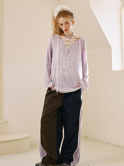 DIDDI MODA Cute Distressed Colorblock V-neck Women&