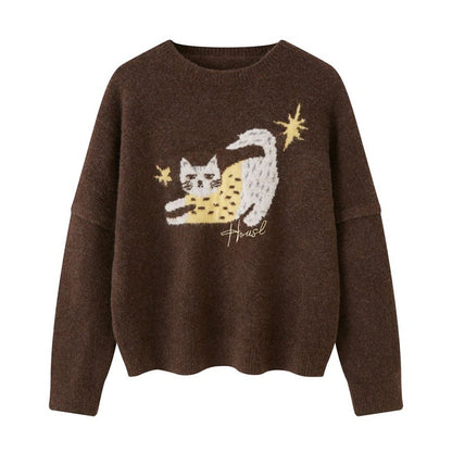 DIDDI_MODA_Cute_Embroidered_Cat_Round_Neck_Loose_Knitted_Women&