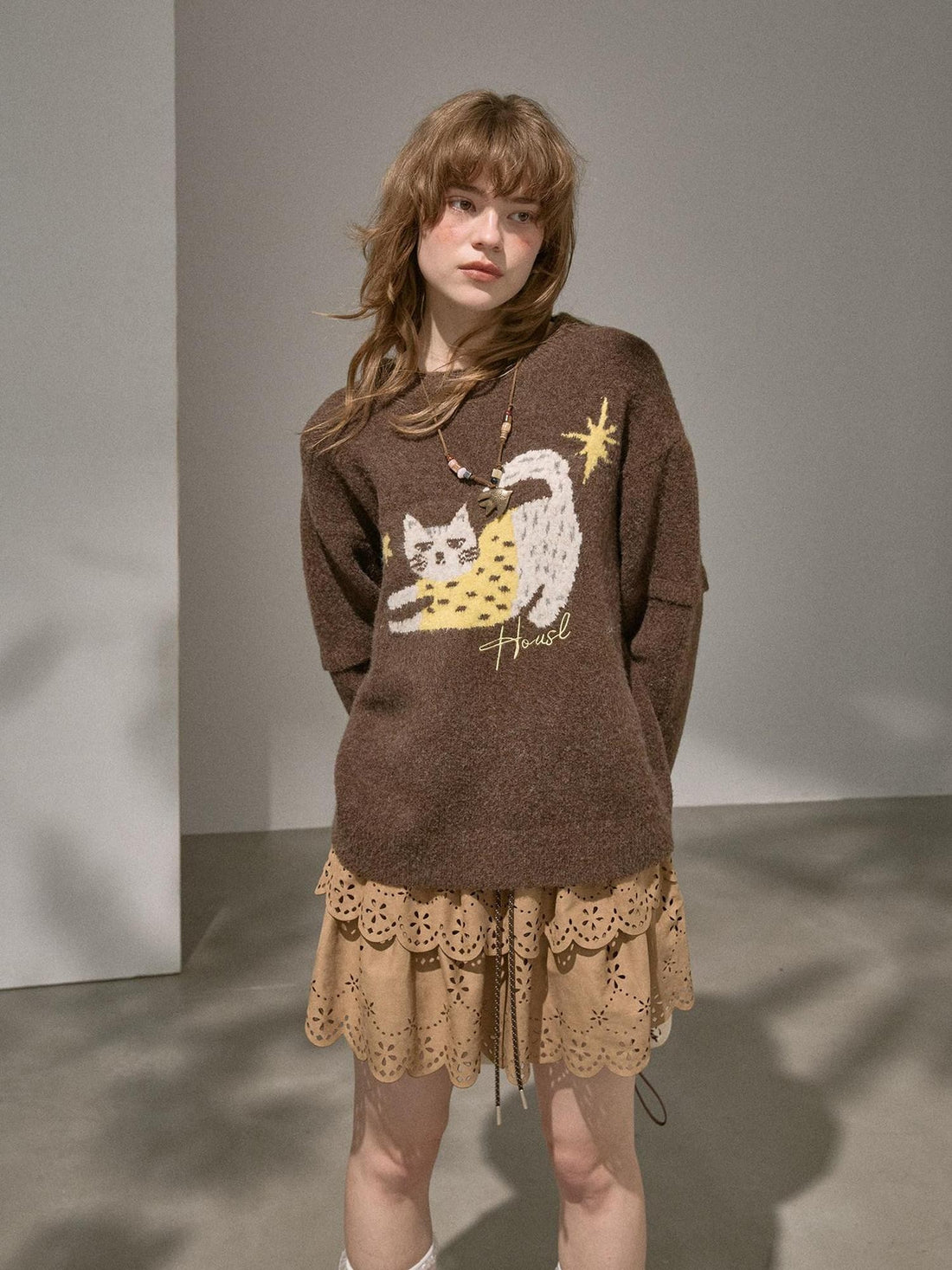 DIDDI MODA Cute Embroidered Cat Round Neck Loose Knitted Women&