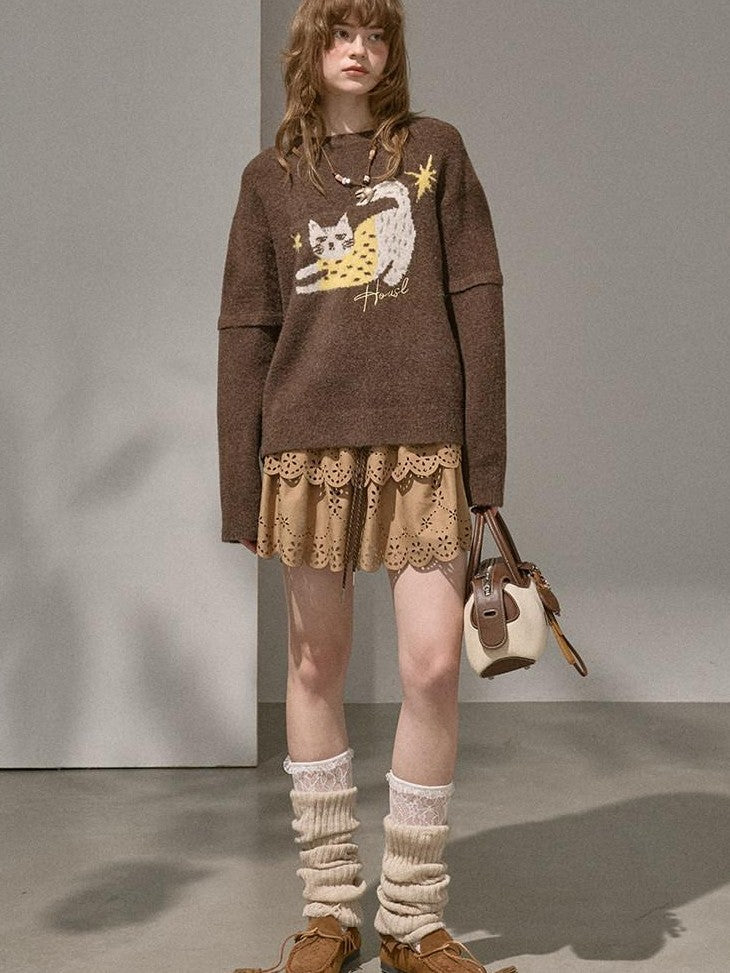 DIDDI MODA Cute Embroidered Cat Round Neck Loose Knitted Women&