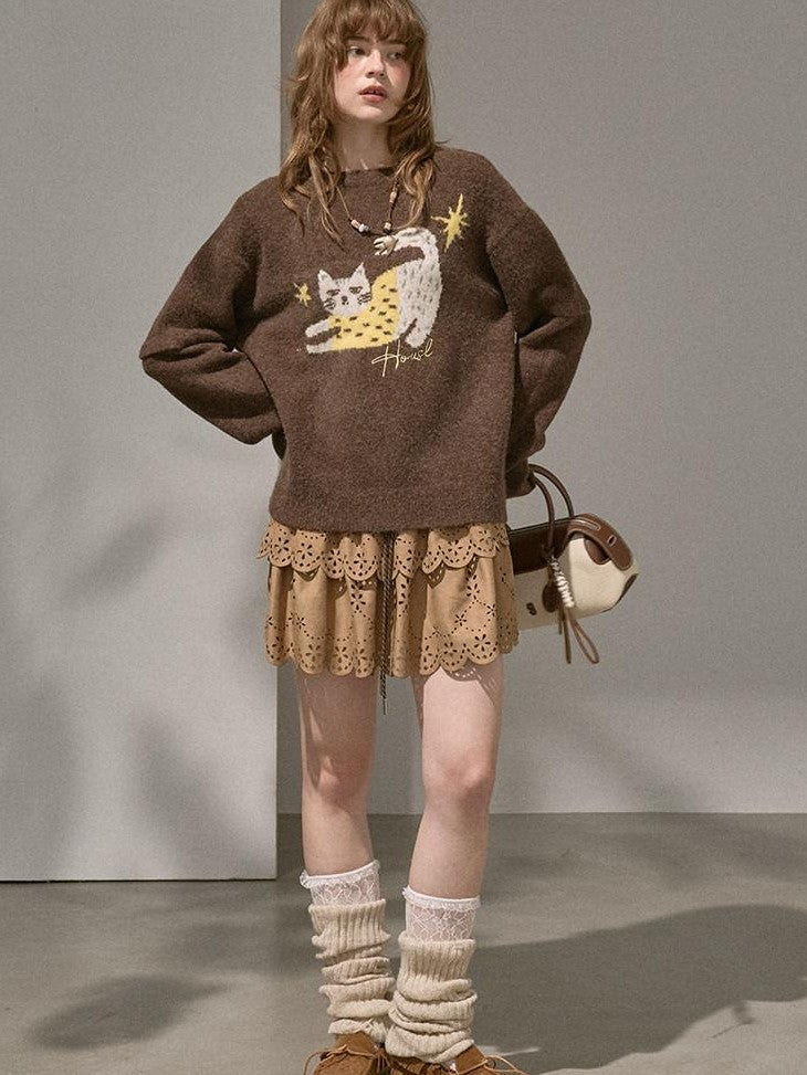 DIDDI MODA Cute Embroidered Cat Round Neck Loose Knitted Women&