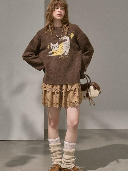DIDDI MODA Cute Embroidered Cat Round Neck Loose Knitted Women&