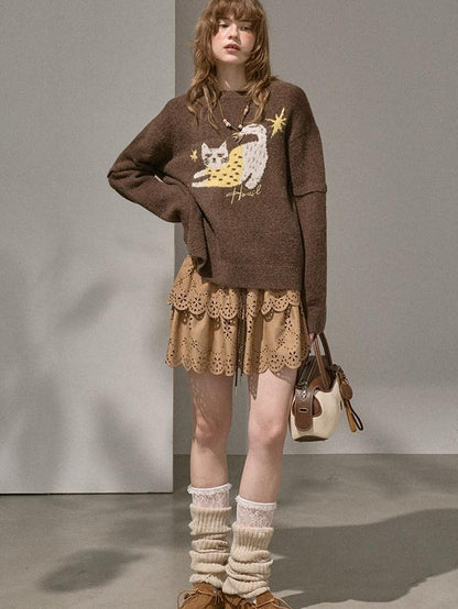 DIDDI MODA Cute Embroidered Cat Round Neck Loose Knitted Women&