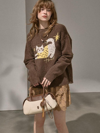 DIDDI MODA Cute Embroidered Cat Round Neck Loose Knitted Women&