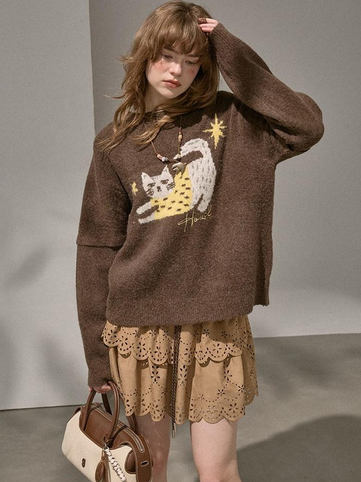 DIDDI MODA Cute Embroidered Cat Round Neck Loose Knitted Women&