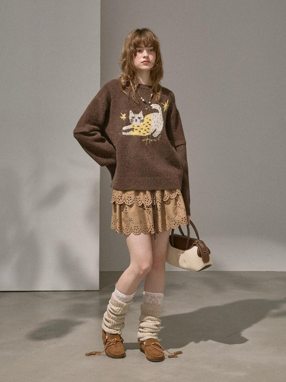 DIDDI MODA Cute Embroidered Cat Round Neck Loose Knitted Women&