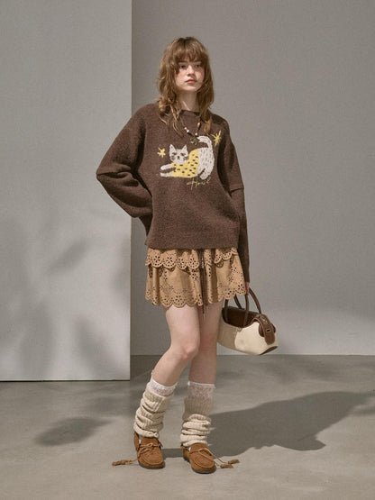 DIDDI MODA Cute Embroidered Cat Round Neck Loose Knitted Women&