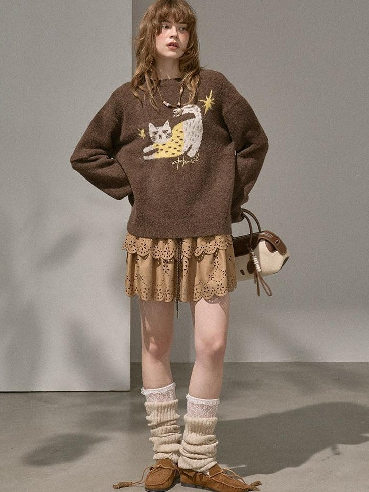 DIDDI MODA Cute Embroidered Cat Round Neck Loose Knitted Women&