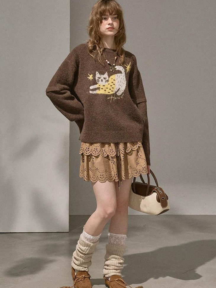 DIDDI MODA Cute Embroidered Cat Round Neck Loose Knitted Women&