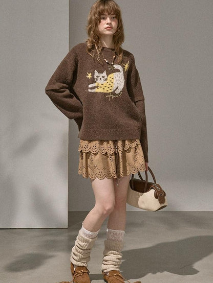DIDDI MODA Cute Embroidered Cat Round Neck Loose Knitted Women&