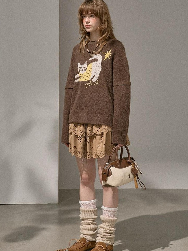 DIDDI MODA Cute Embroidered Cat Round Neck Loose Knitted Women&