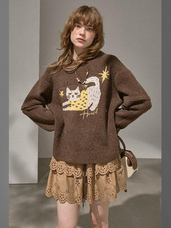 DIDDI MODA Cute Embroidered Cat Round Neck Loose Knitted Women&