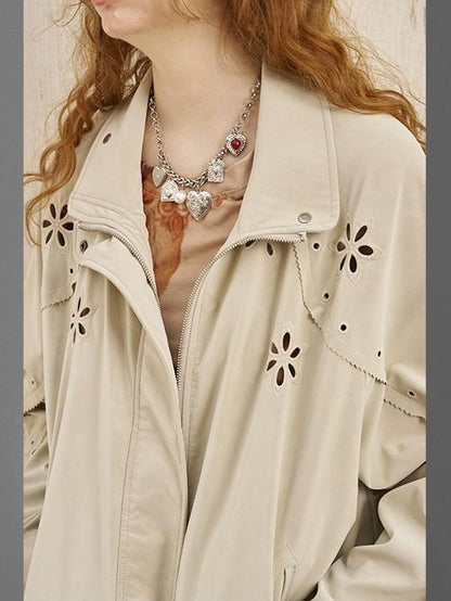 DIDDI MODA Cutout Embroidered Structured Stand Collar Relaxed Women&