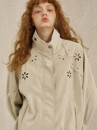 DIDDI MODA Cutout Embroidered Structured Stand Collar Relaxed Women&