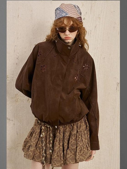DIDDI MODA Cutout Embroidered Structured Stand Collar Relaxed Women&
