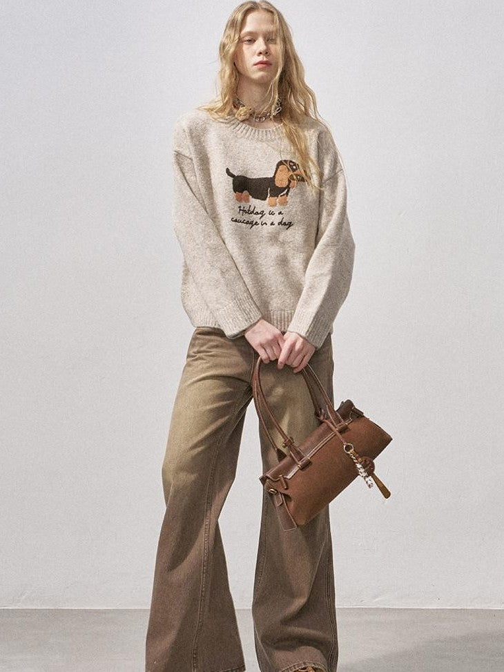 DIDDI MODA Dachshund Jacquard Loose Long Sleeve Women&