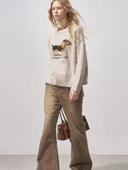 DIDDI MODA Dachshund Jacquard Loose Long Sleeve Women&
