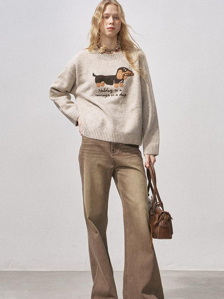 DIDDI MODA Dachshund Jacquard Loose Long Sleeve Women&