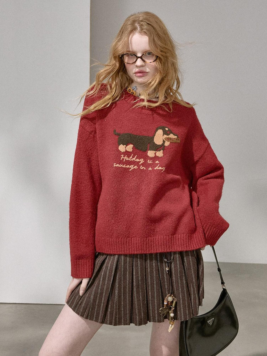 DIDDI MODA Dachshund Jacquard Loose Long Sleeve Women&