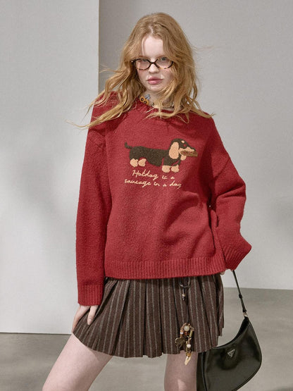 DIDDI MODA Dachshund Jacquard Loose Long Sleeve Women&