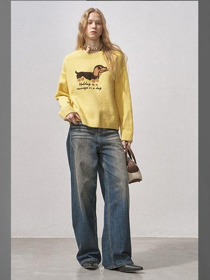 DIDDI MODA Dachshund Jacquard Loose Long Sleeve Women&